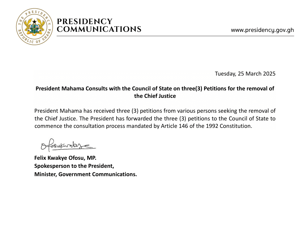 President Mahama Moves to Review Petitions for Chief Justice’s Removal