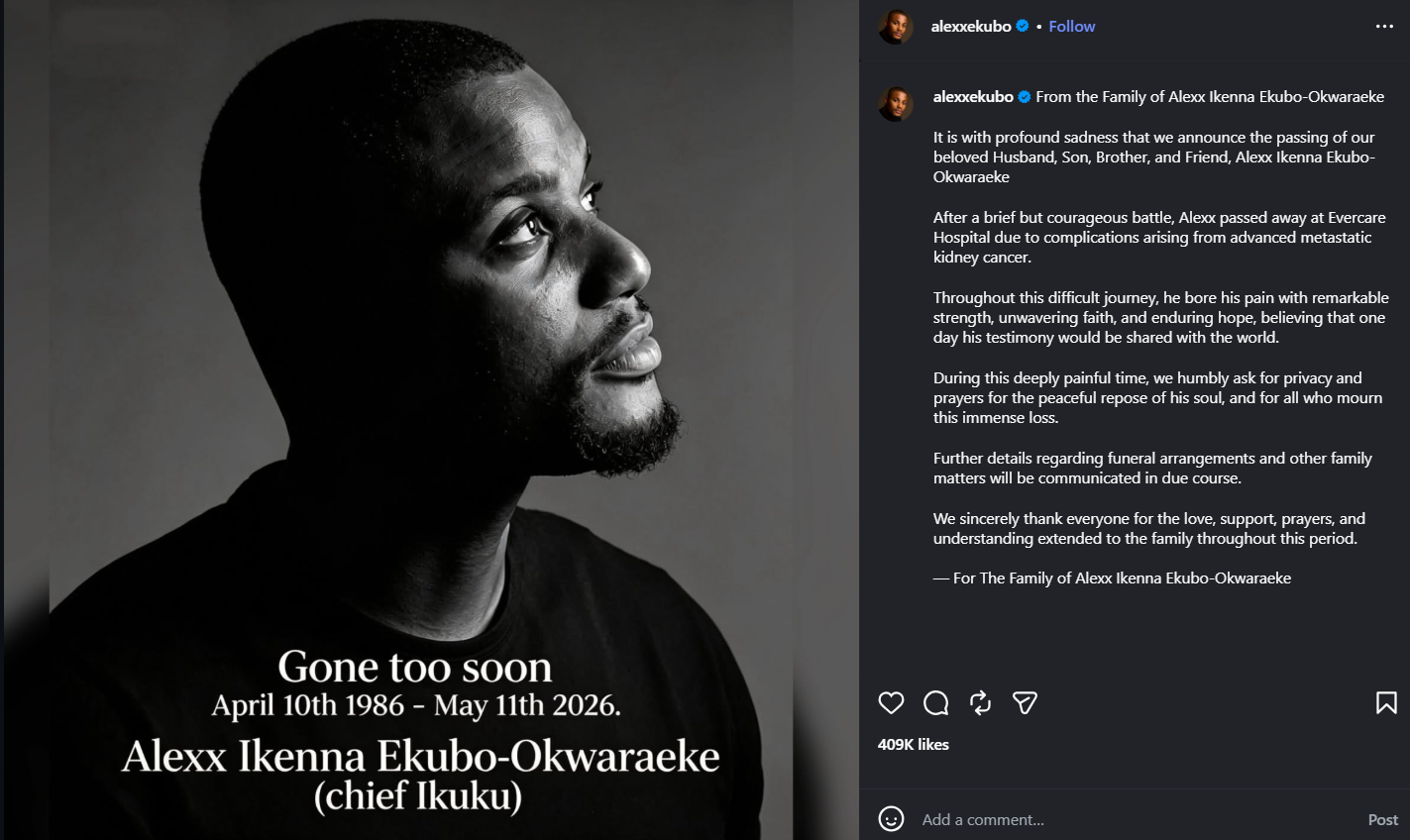 Actor Alexx Ekubo Diesv- Statement from family