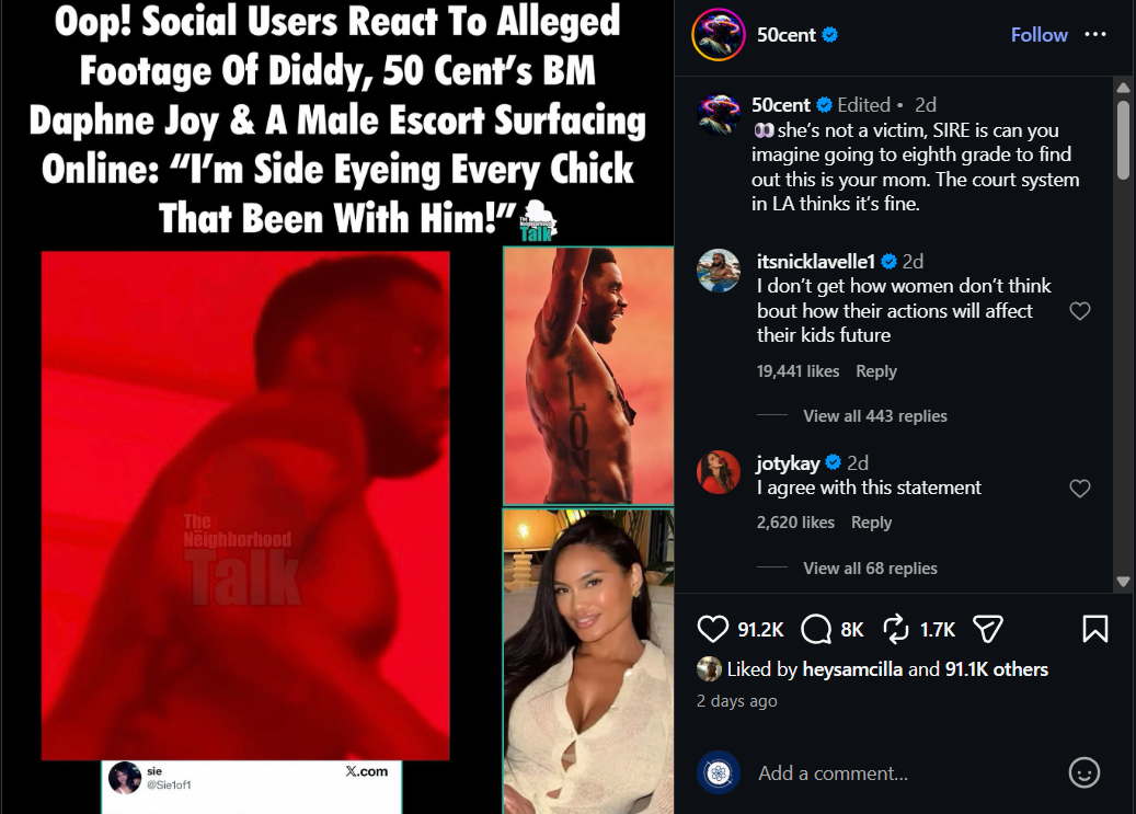 50 Cent Reacts to Alleged Leaked Sex Tape of Diddy and Daphne Joy