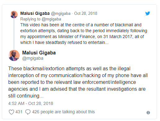 South Africa minister Malusi Gigaba,'blackmailed' over sex video