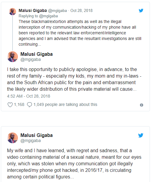 South Africa minister Malusi Gigaba,'blackmailed' over sex video